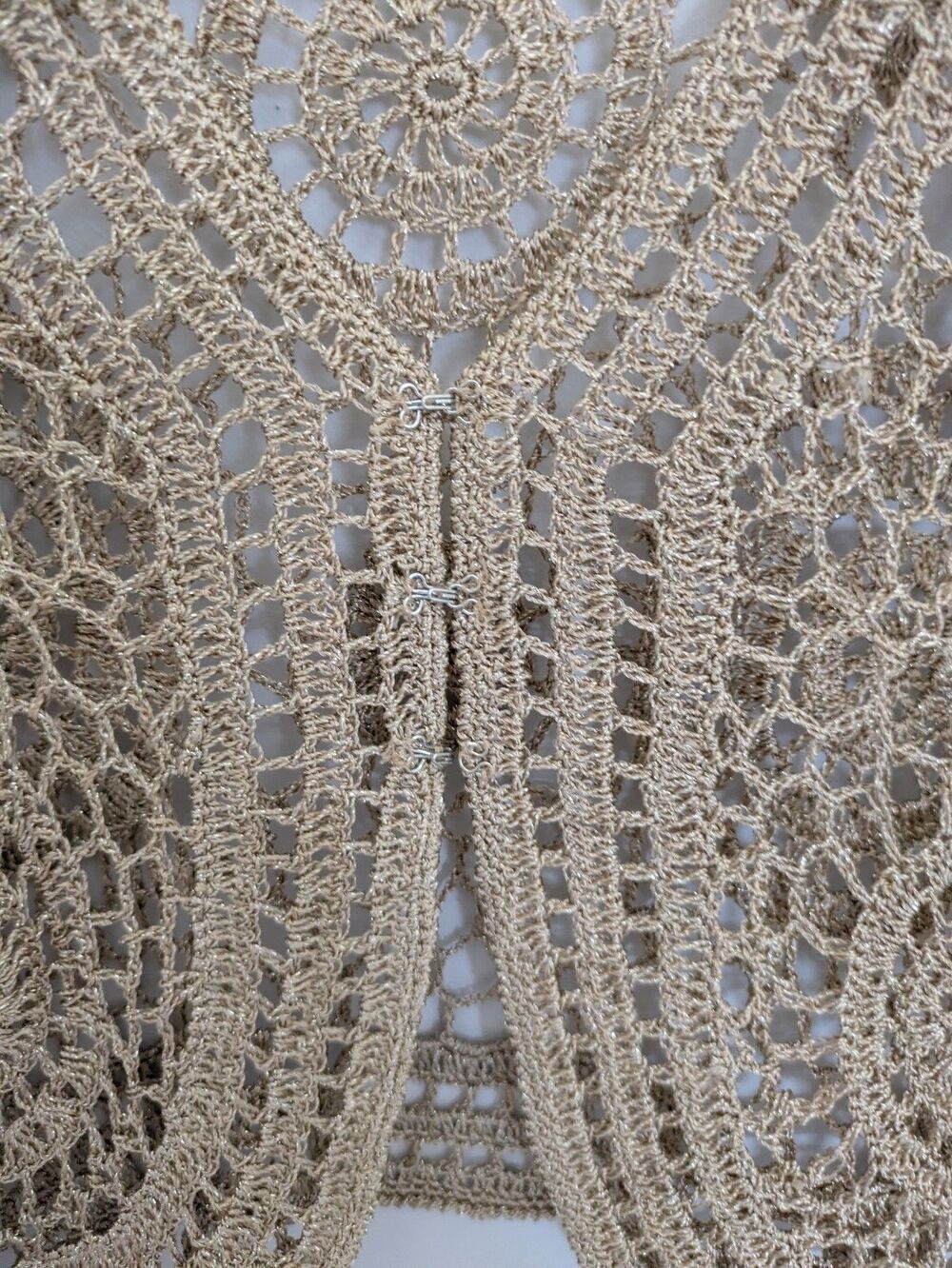 Crochet Bolero SZ M Gold Crop 3/4 Sleeve Festival Boho Fairy Cottage Coachella - Picture 5 of 13